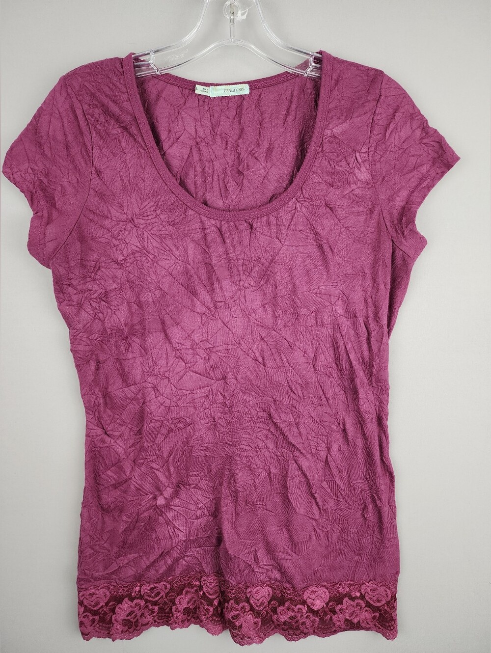 Maurices Crinkled Scoop Neck Knit Top with Lace Hem - Plum Purple Sz Large